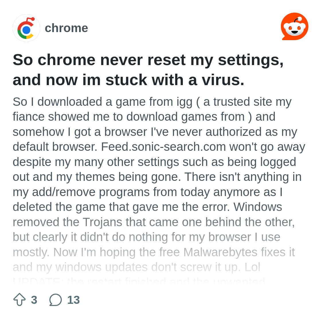 So chrome never reset my settings, and now im stuck with a virus. : r ...