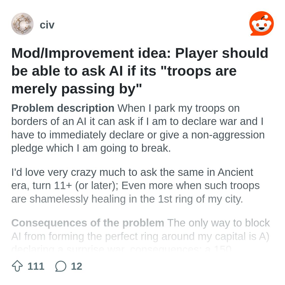 r/civ on Reddit: Mod/Improvement idea: Player should be able to ask AI if its "troops are merely passing by"