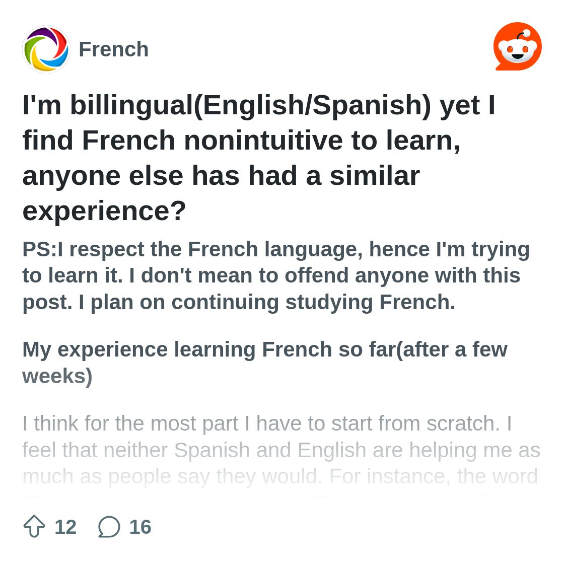 r/French on Reddit: I'm billingual(English/Spanish) yet I find French nonintuitive to learn, anyone else has had a similar experience?