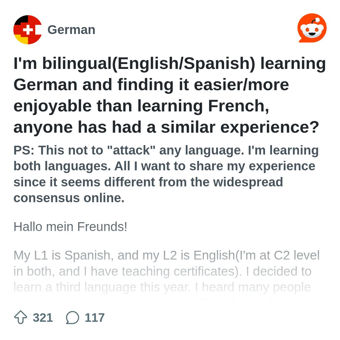 I'm bilingual(English/Spanish) learning German and finding it easier ...