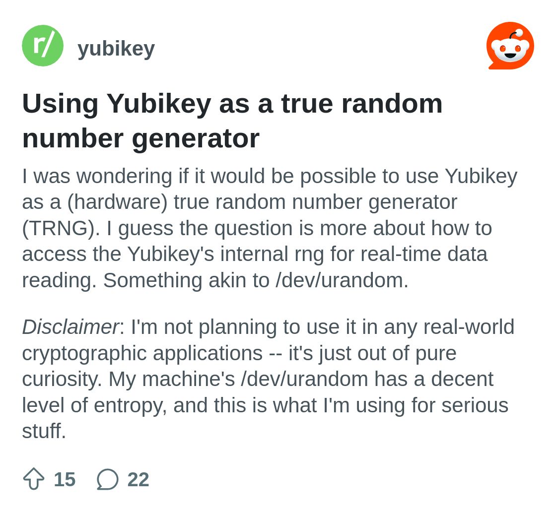 r/yubikey on Reddit: Using Yubikey as a true random number generator