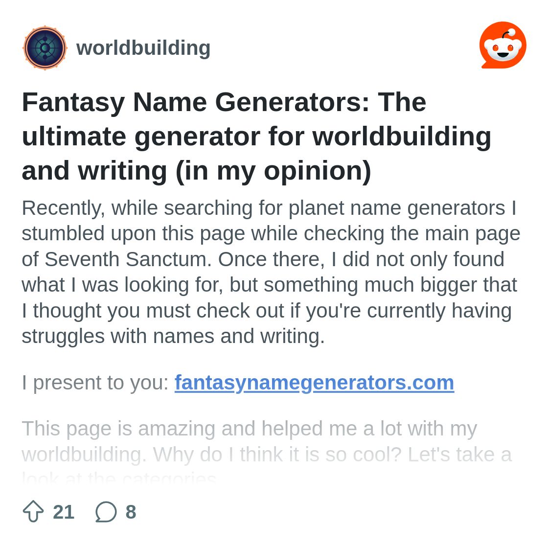 r/worldbuilding on Reddit: Fantasy Name Generators: The ultimate generator for worldbuilding and writing (in my opinion)