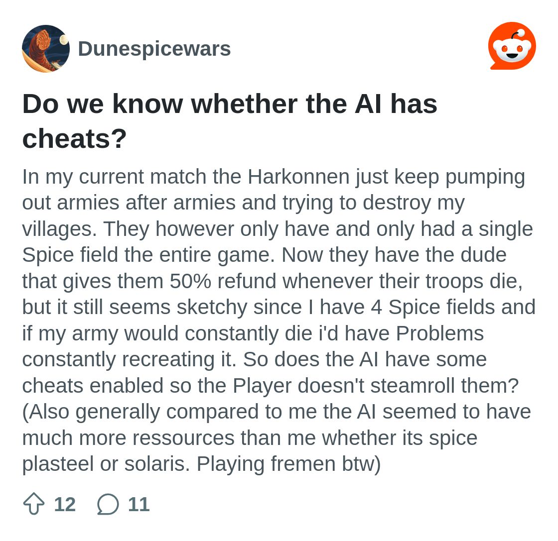 Do we know whether the AI has cheats? : r/Dunespicewars