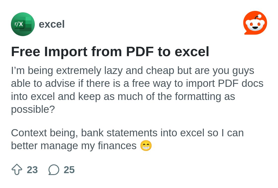 Free Import from PDF to excel : r/excel